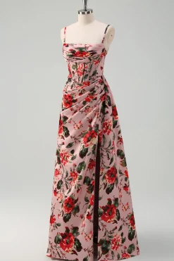 Rosa Flor Vermelha Bainha Esparguete Correias Corset Ruched Long Prom Dress com Fenda