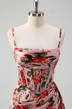 Rosa Flor Vermelha Bainha Esparguete Correias Corset Ruched Long Prom Dress com Fenda