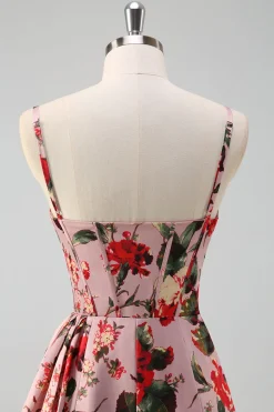Rosa Flor Vermelha Bainha Esparguete Correias Corset Ruched Long Prom Dress com Fenda