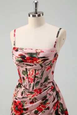 Rosa Flor Vermelha Bainha Esparguete Correias Corset Ruched Long Prom Dress com Fenda