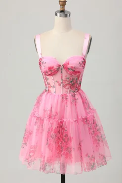 Rosa Floral A-Line Esparguete Correias Espartilho Vestido Curto Homecoming