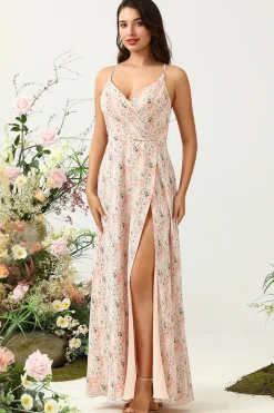 Rosa Floral Chiffon Vestido de Dama de Honor