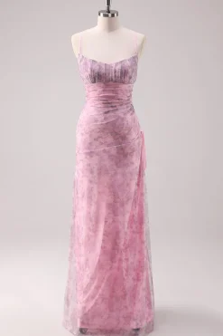 Rosa Floral Esparguete Correias Bainha Long Prom Dress