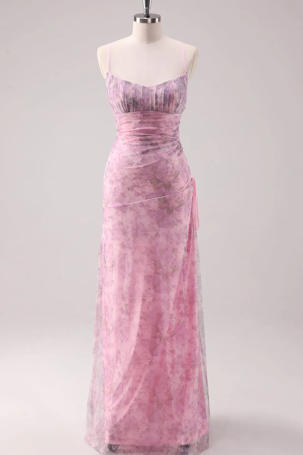 Rosa Floral Esparguete Correias Bainha Long Prom Dress