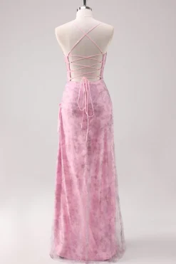 Rosa Floral Esparguete Correias Bainha Long Prom Dress