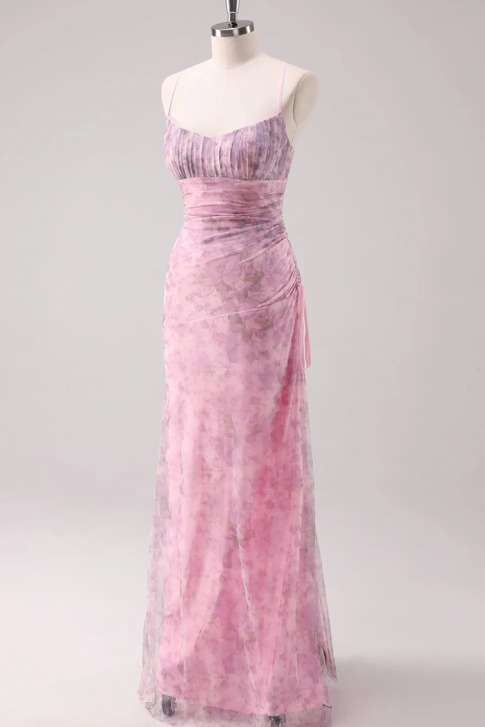 Rosa Floral Esparguete Correias Bainha Long Prom Dress