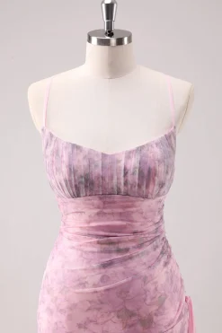 Rosa Floral Esparguete Correias Bainha Long Prom Dress