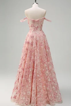 Rosa Floral Off The Shouder A-Line Corset Prom Dress com Fenda