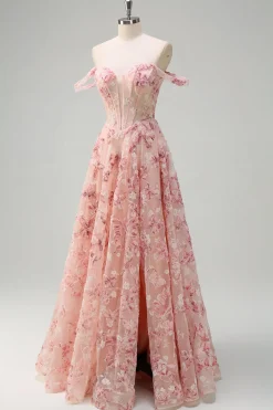 Rosa Floral Off The Shouder A-Line Corset Prom Dress com Fenda