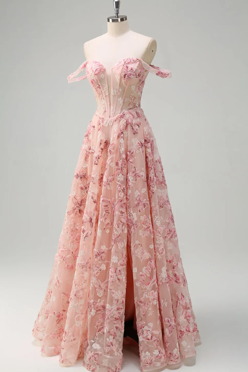 Rosa Floral Off The Shouder A-Line Corset Prom Dress com Fenda