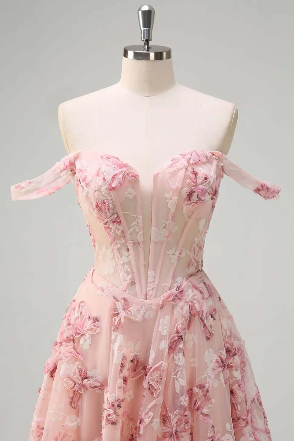 Rosa Floral Off The Shouder A-Line Corset Prom Dress com Fenda