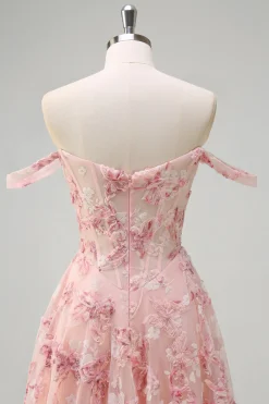 Rosa Floral Off The Shouder A-Line Corset Prom Dress com Fenda