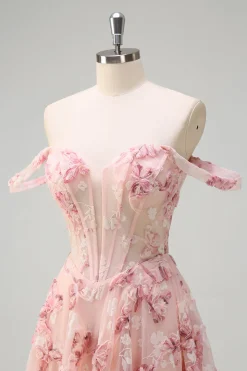 Rosa Floral Off The Shouder A-Line Corset Prom Dress com Fenda