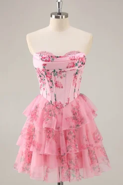 Rosa Floral Strapless A-Line Corset Tiered Vestido Curto Homecoming