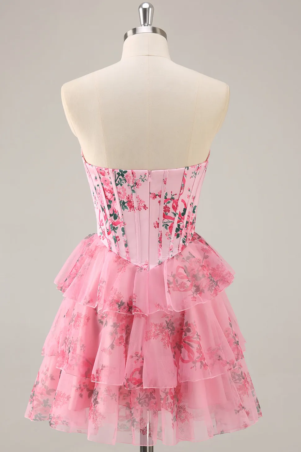 Rosa Floral Strapless A-Line Corset Tiered Vestido Curto Homecoming