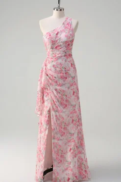 Rosa Floral Um ombro longo vestido de baile com fenda