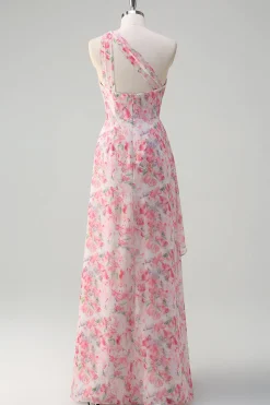 Rosa Floral Um ombro longo vestido de baile com fenda
