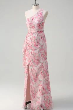 Rosa Floral Um ombro longo vestido de baile com fenda