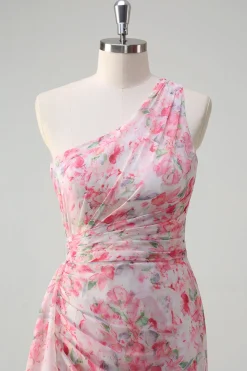 Rosa Floral Um ombro longo vestido de baile com fenda