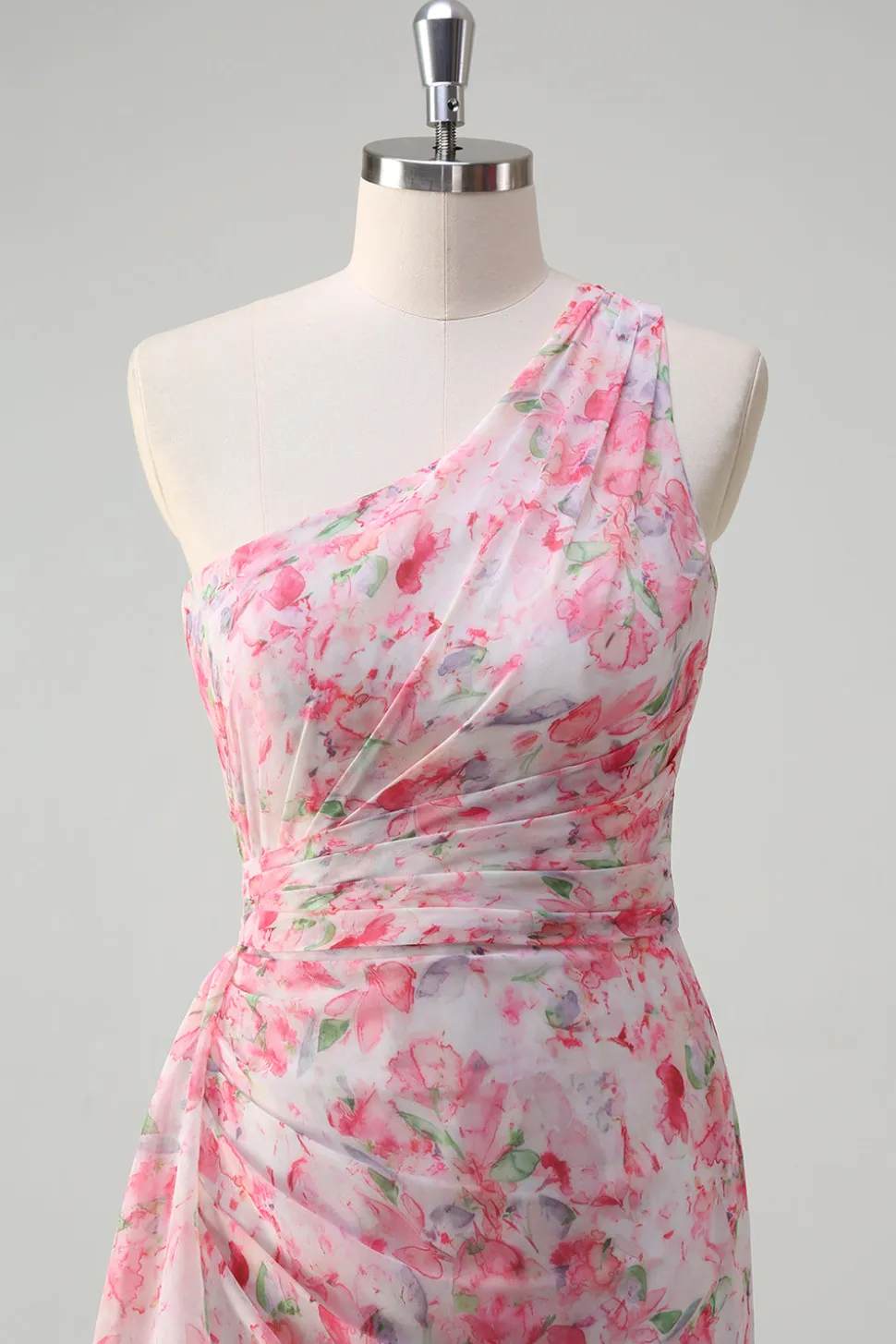 Rosa Floral Um ombro longo vestido de baile com fenda
