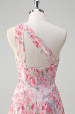 Rosa Floral Um ombro longo vestido de baile com fenda
