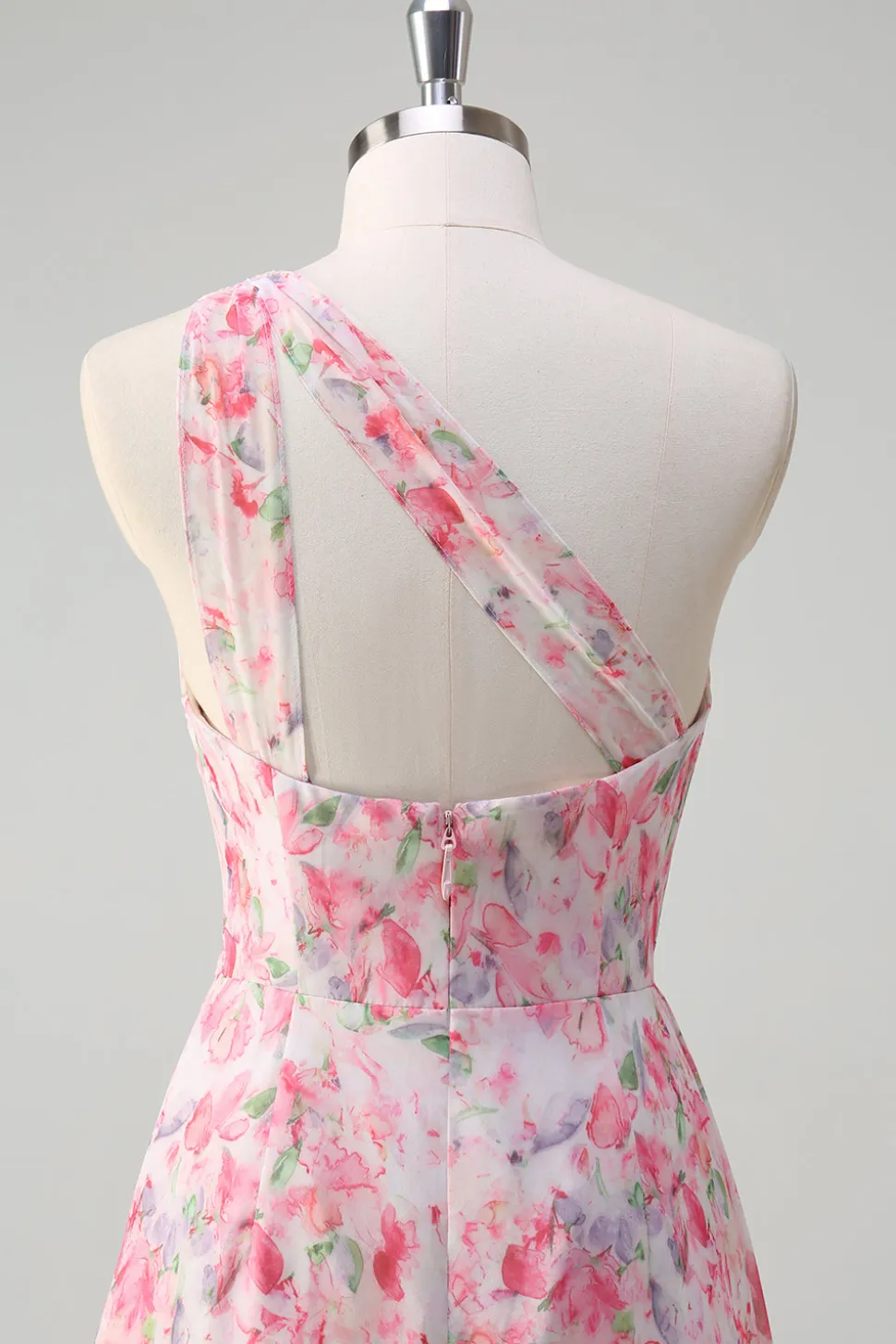 Rosa Floral Um ombro longo vestido de baile com fenda