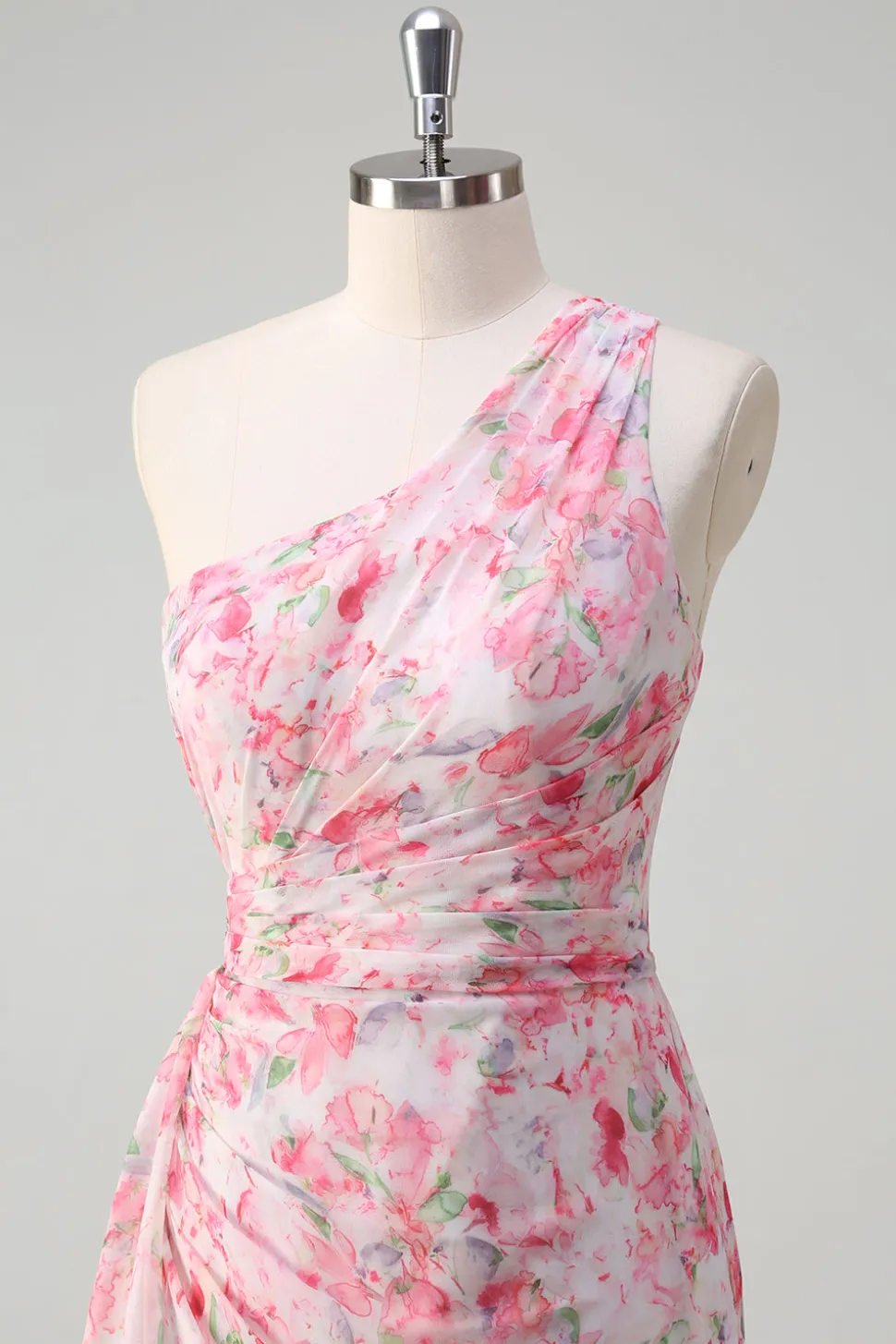 Rosa Floral Um ombro longo vestido de baile com fenda