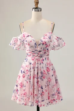 Rosa Floral Uma Linha Ombro Frio Short Homecoming Dress