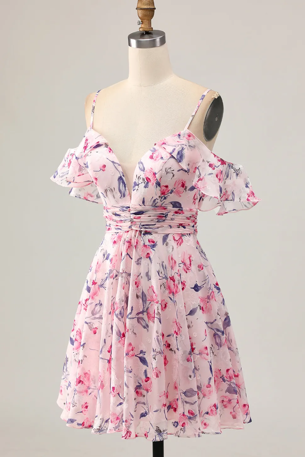 Rosa Floral Uma Linha Ombro Frio Short Homecoming Dress