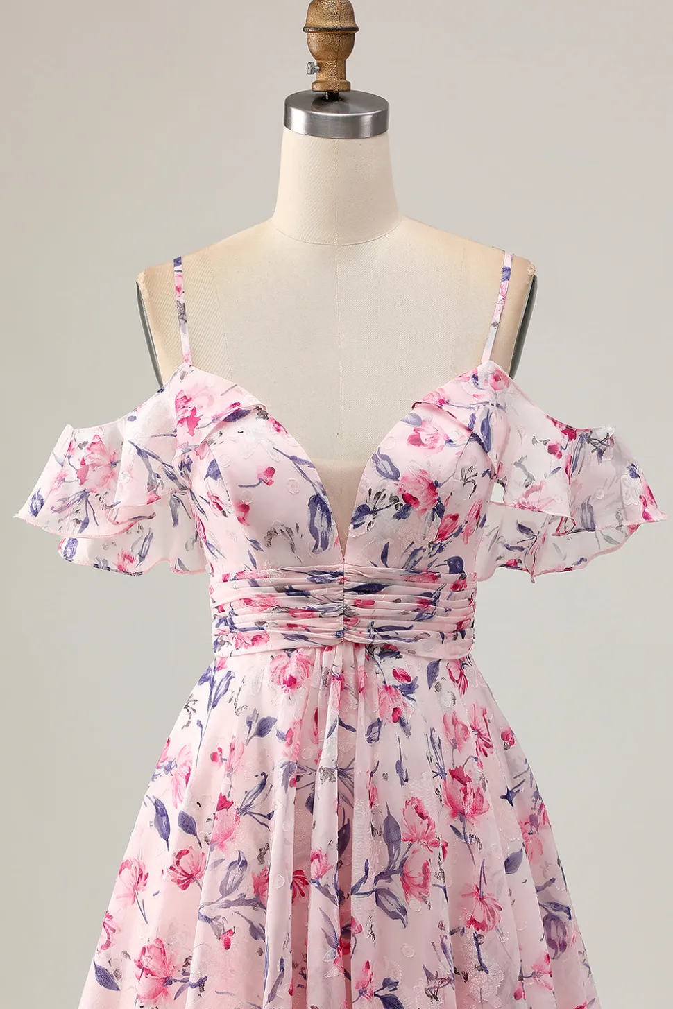Rosa Floral Uma Linha Ombro Frio Short Homecoming Dress