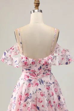 Rosa Floral Uma Linha Ombro Frio Short Homecoming Dress