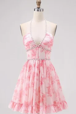 Rosa Floral Uma Linha V Pescoço Halter Corset Homecoming Dress com Renda Up Back