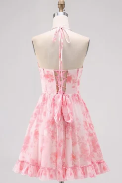 Rosa Floral Uma Linha V Pescoço Halter Corset Homecoming Dress com Renda Up Back