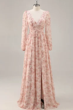 Rosa Floral V-Neck mangas longas Chiffon vestido de dama de honra com fenda