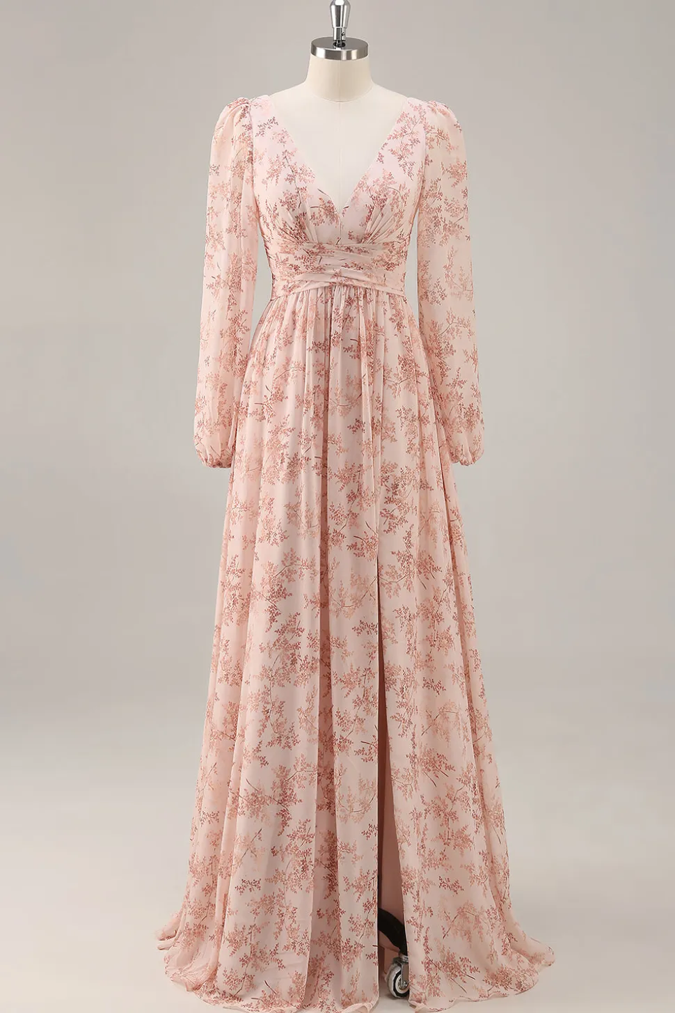 Rosa Floral V-Neck mangas longas Chiffon vestido de dama de honra com fenda