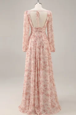 Rosa Floral V-Neck mangas longas Chiffon vestido de dama de honra com fenda
