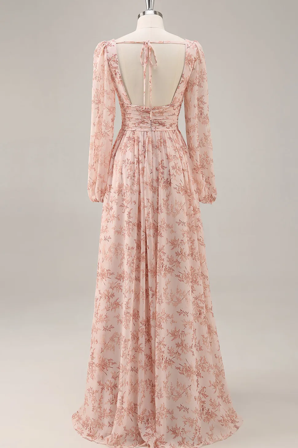 Rosa Floral V-Neck mangas longas Chiffon vestido de dama de honra com fenda