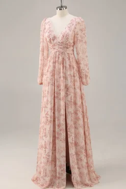 Rosa Floral V-Neck mangas longas Chiffon vestido de dama de honra com fenda