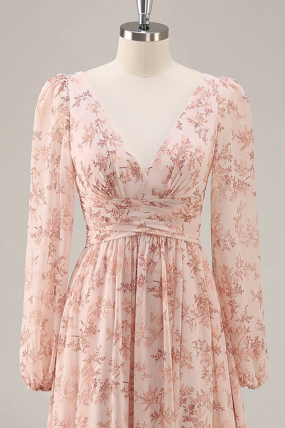 Rosa Floral V-Neck mangas longas Chiffon vestido de dama de honra com fenda