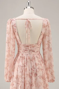Rosa Floral V-Neck mangas longas Chiffon vestido de dama de honra com fenda
