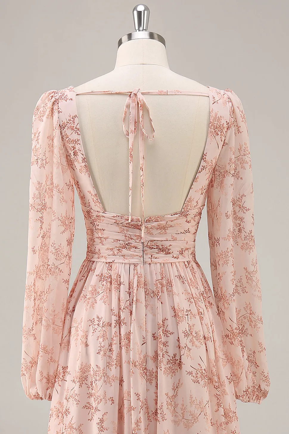 Rosa Floral V-Neck mangas longas Chiffon vestido de dama de honra com fenda