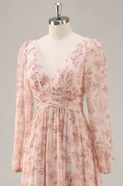 Rosa Floral V-Neck mangas longas Chiffon vestido de dama de honra com fenda