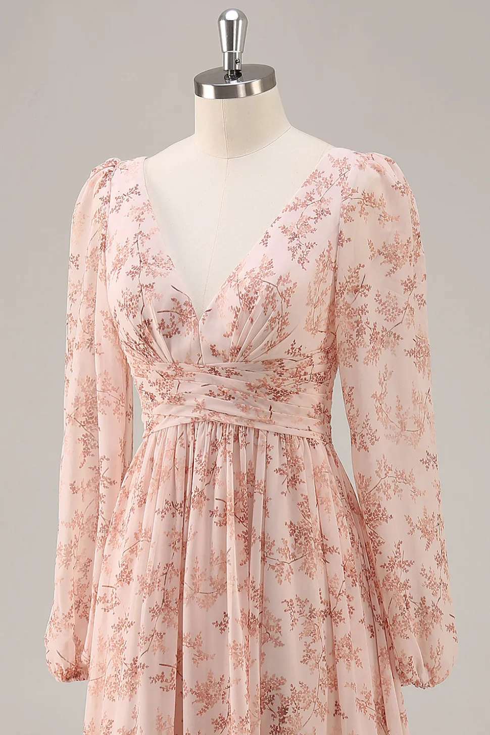 Rosa Floral V-Neck mangas longas Chiffon vestido de dama de honra com fenda