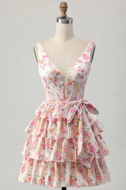 Rosa Floral V-Neck Uma Linha Tiered Short Homecoming Dress com Arco