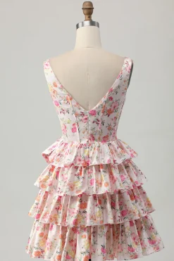 Rosa Floral V-Neck Uma Linha Tiered Short Homecoming Dress com Arco