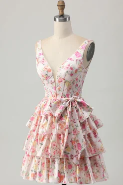 Rosa Floral V-Neck Uma Linha Tiered Short Homecoming Dress com Arco