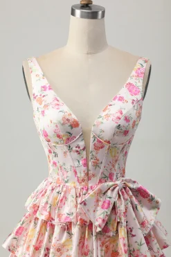 Rosa Floral V-Neck Uma Linha Tiered Short Homecoming Dress com Arco