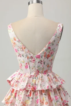 Rosa Floral V-Neck Uma Linha Tiered Short Homecoming Dress com Arco