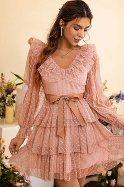 Rosa Flounces em Camadas Mangas Compridas Vestido de Cocktail