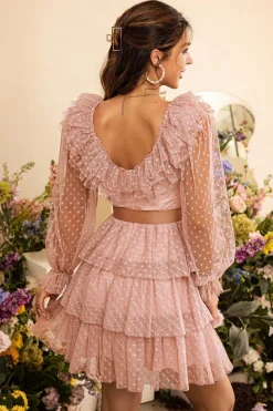 Rosa Flounces em Camadas Mangas Compridas Vestido de Cocktail